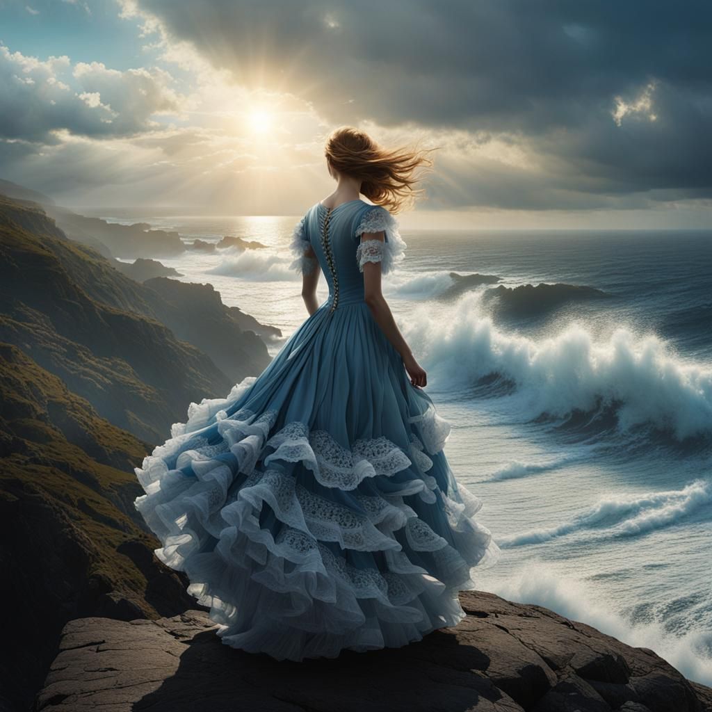 Woman in Flowing Dress Gazing at Ocean