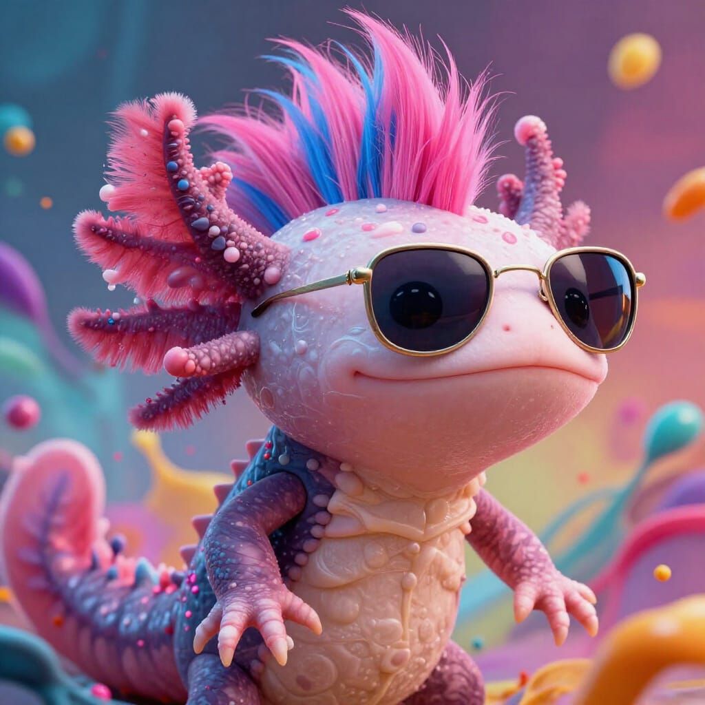 Axolotl with Punk Wig and Sunglasses in Splash Art Style