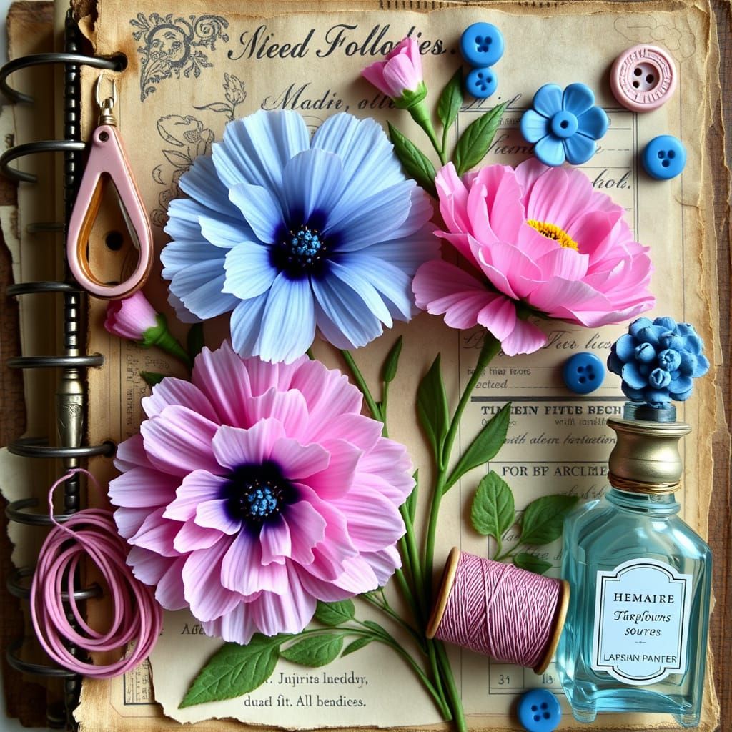 Victorian Scrapbook with Blue Cornflowers and Pink Carnation...