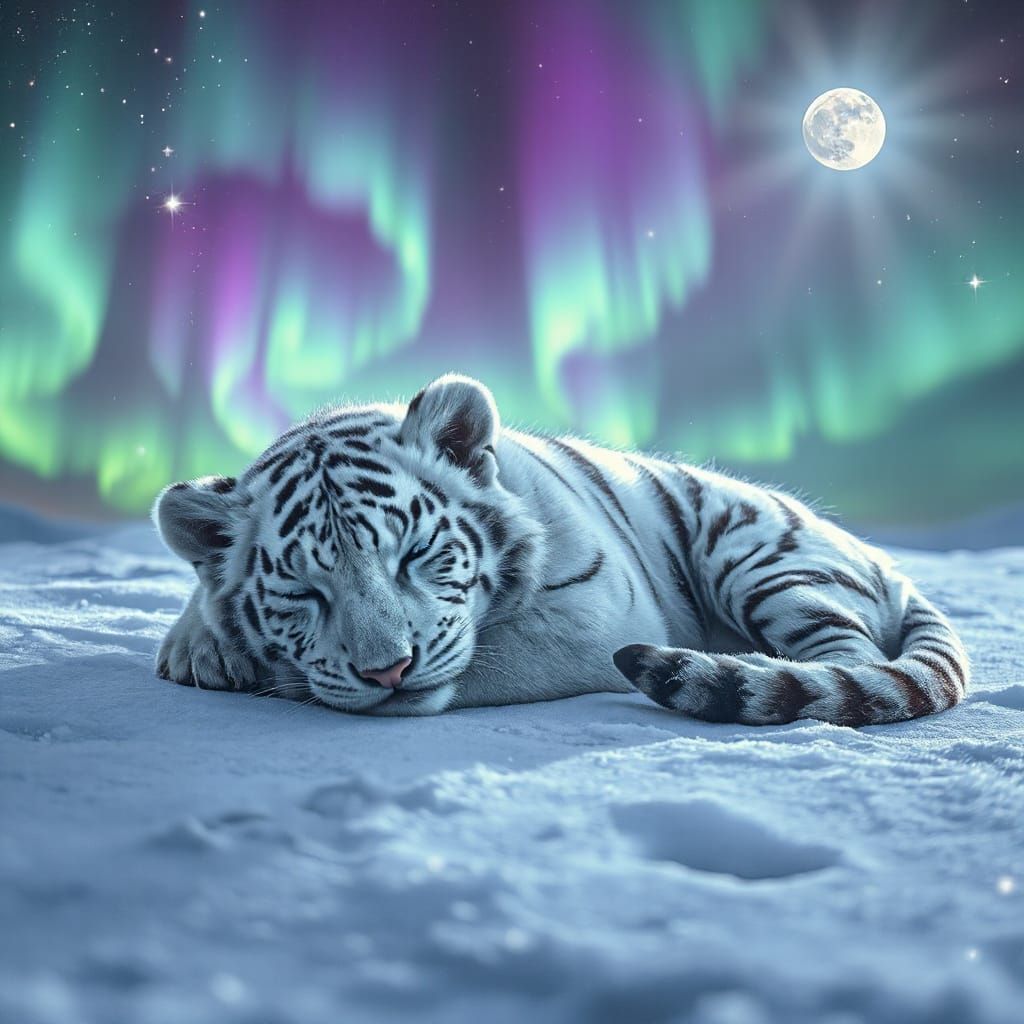 White Tiger Cub Under Northern Lights with Celtic Energy