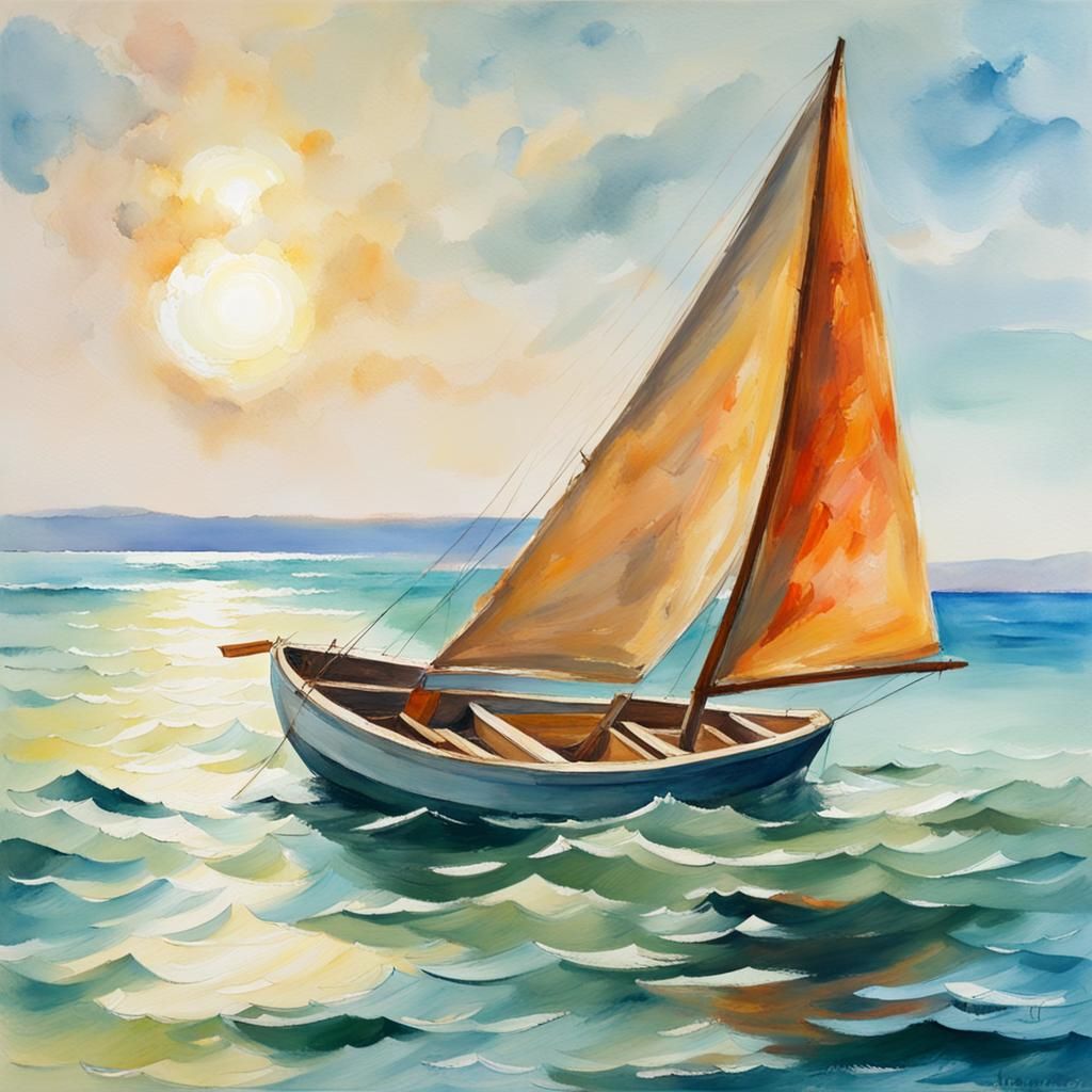 Boat on Sunny Sea in Gouache Style