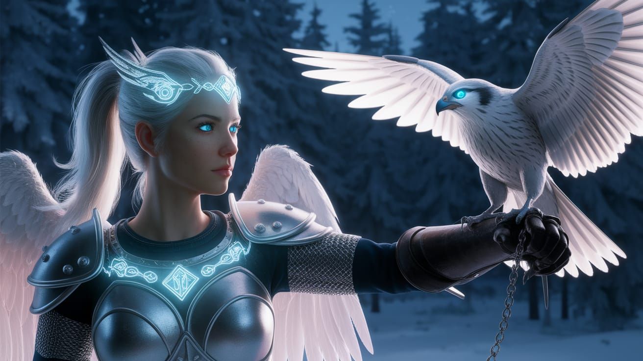 Winter Valkyrie with Falcon in Hyperreal Style