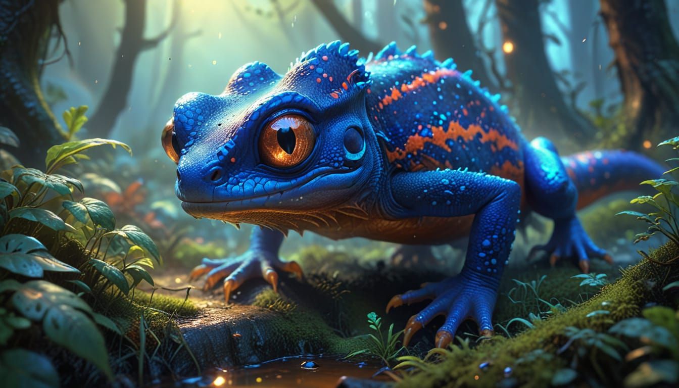 Newt Evading Capture in Misty Forest: Pixar Style