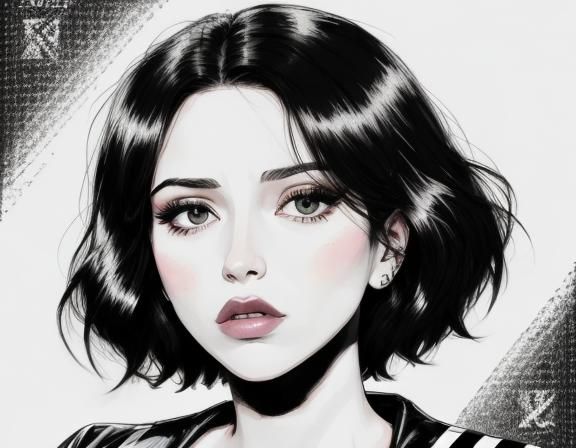 <lora:pretty woman:1.0> Generic female in the style of Roy Lichtenstein, monotone, black-line art