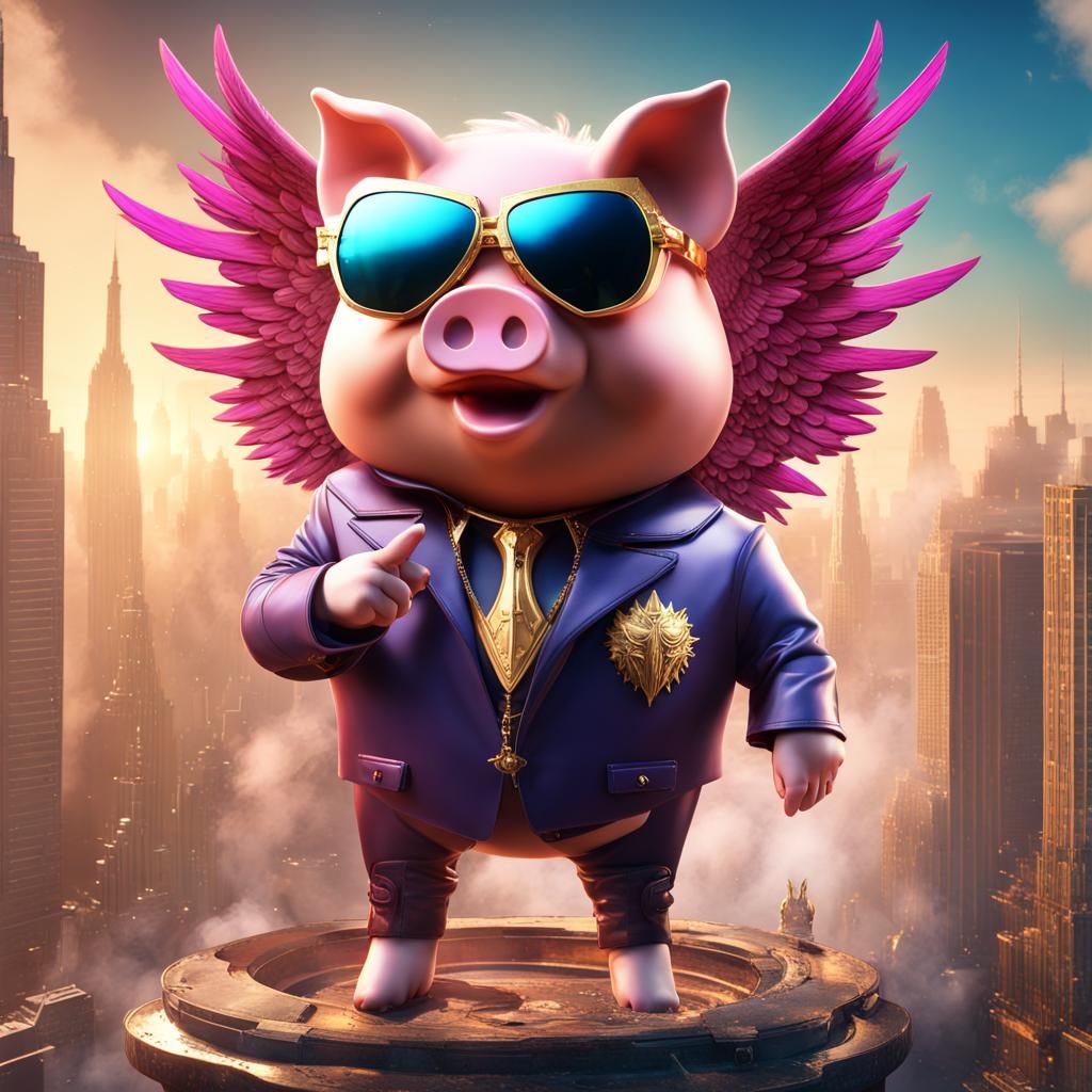 Winged Super Pig with Gold Sunglasses in Detailed Painting