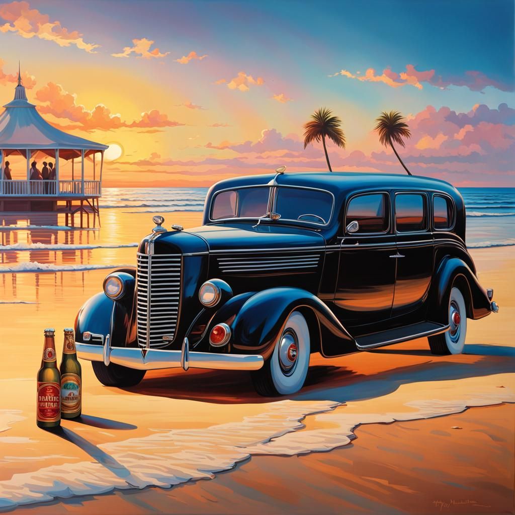 Limousine on Beach at Sunset: Hyperrealistic Splash Art