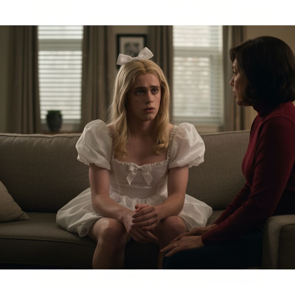 Worried Young Man in Bridesmaid Dress on Couch