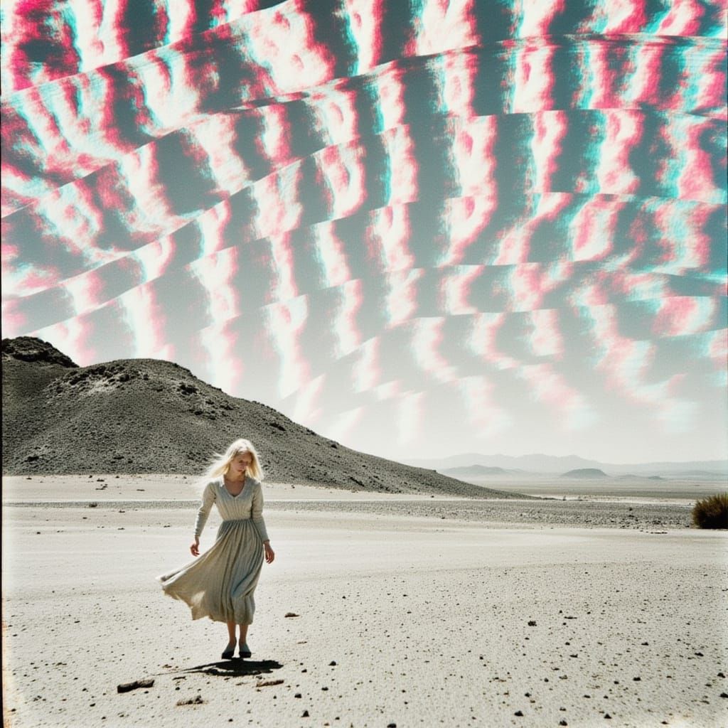 Op Art Desert Landscape with Glitching Feminine Form