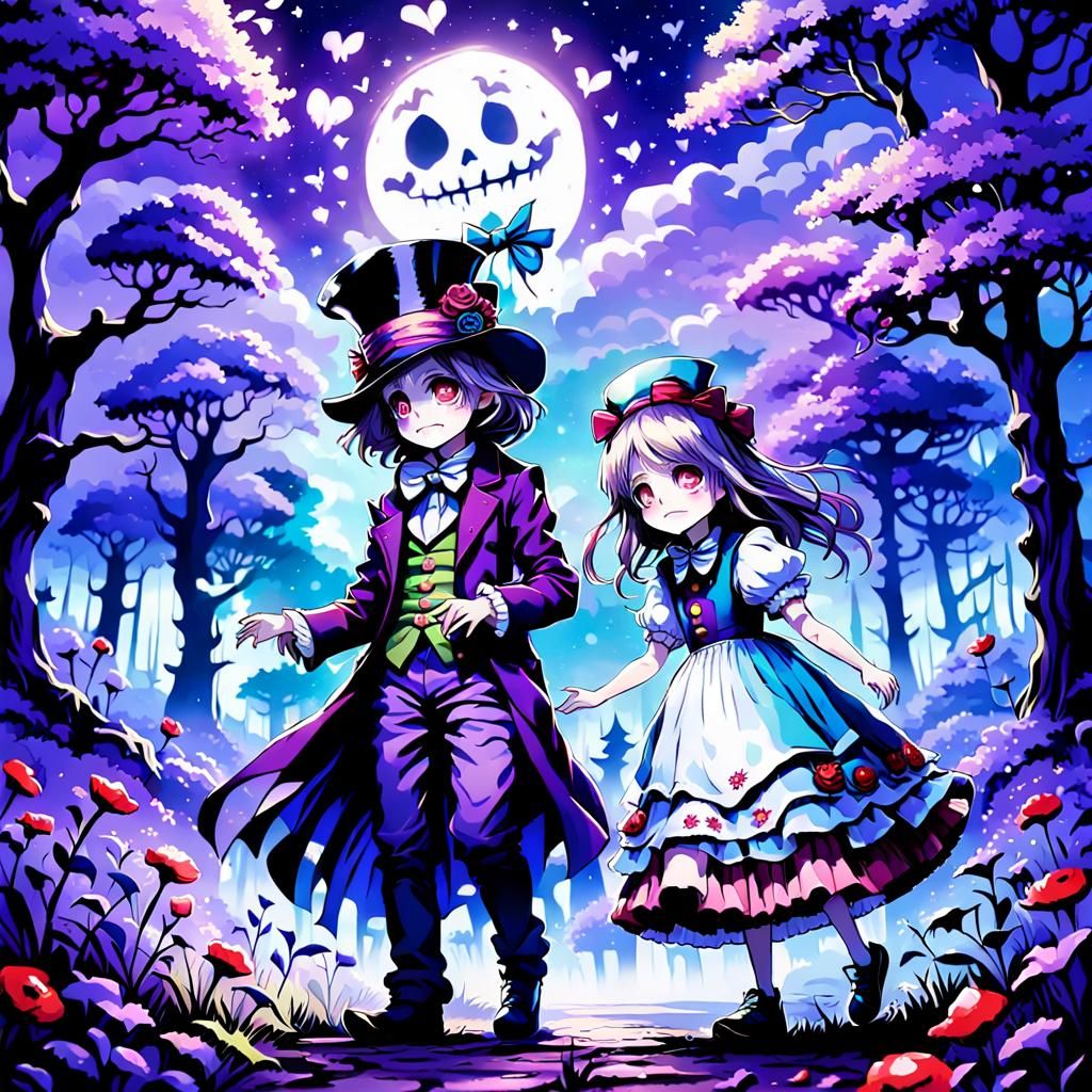 Creepy Cute Chibi Alice and Mad Hatter in Forest