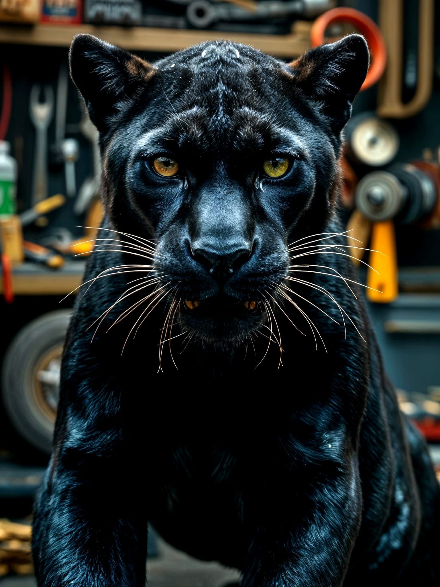 Black Panther with Grease in Mechanic Shop
