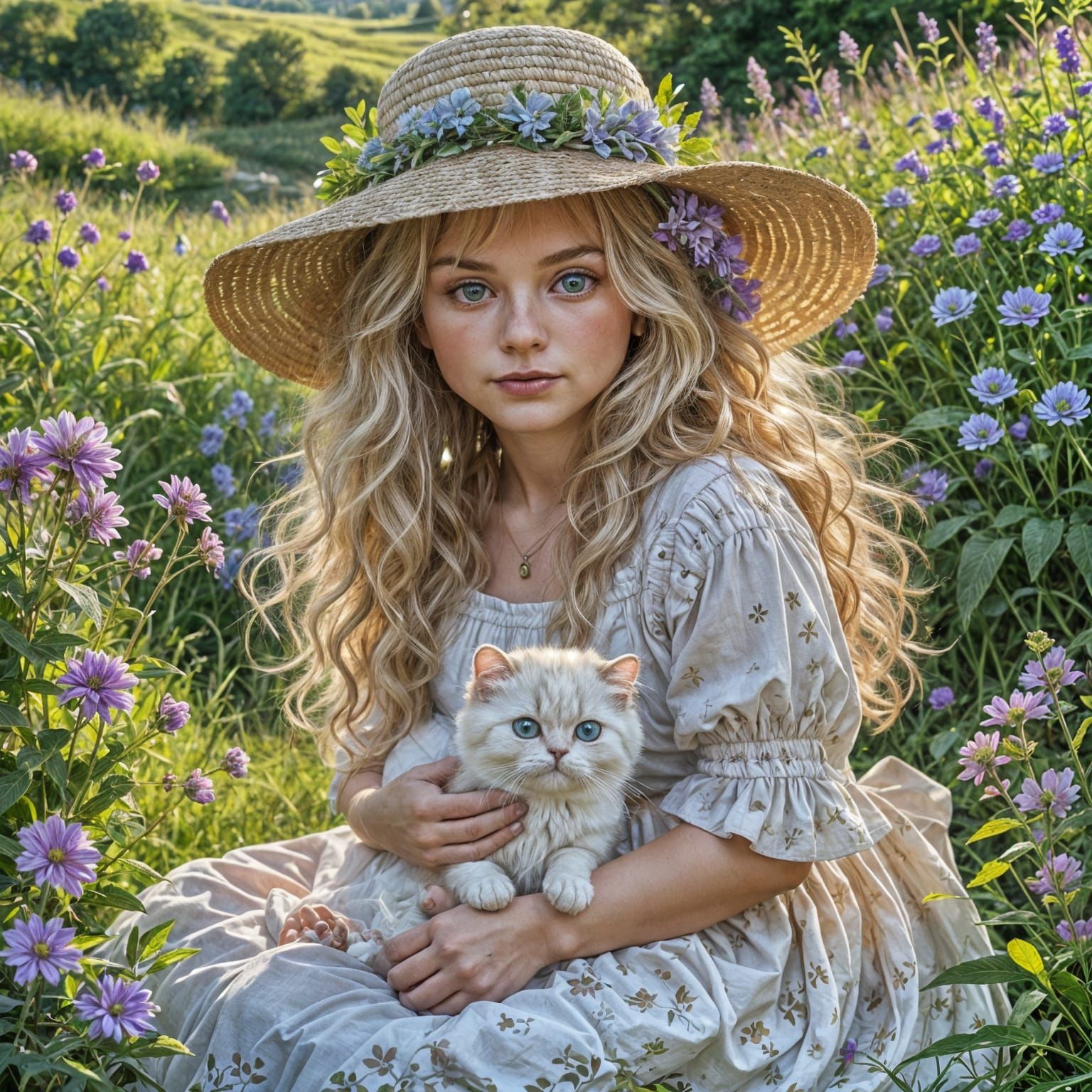Blonde Woman with Persian Cat in Meadow at Sunrise