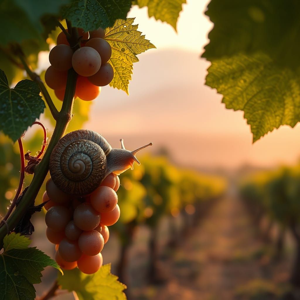 Garden Snail Ascends Dewy Grapevine in Golden Dawn