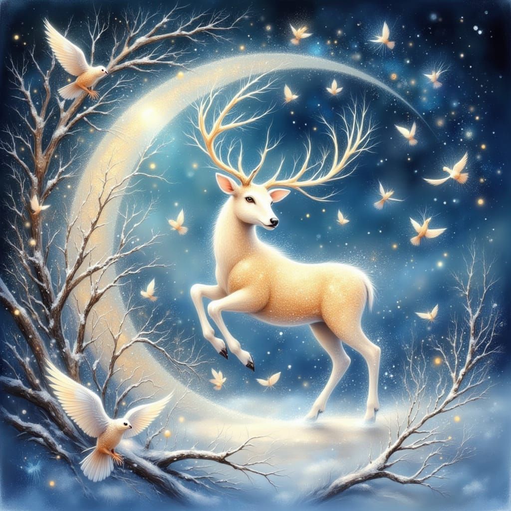 Glowing Stag Leaping in Moonlit Tundra