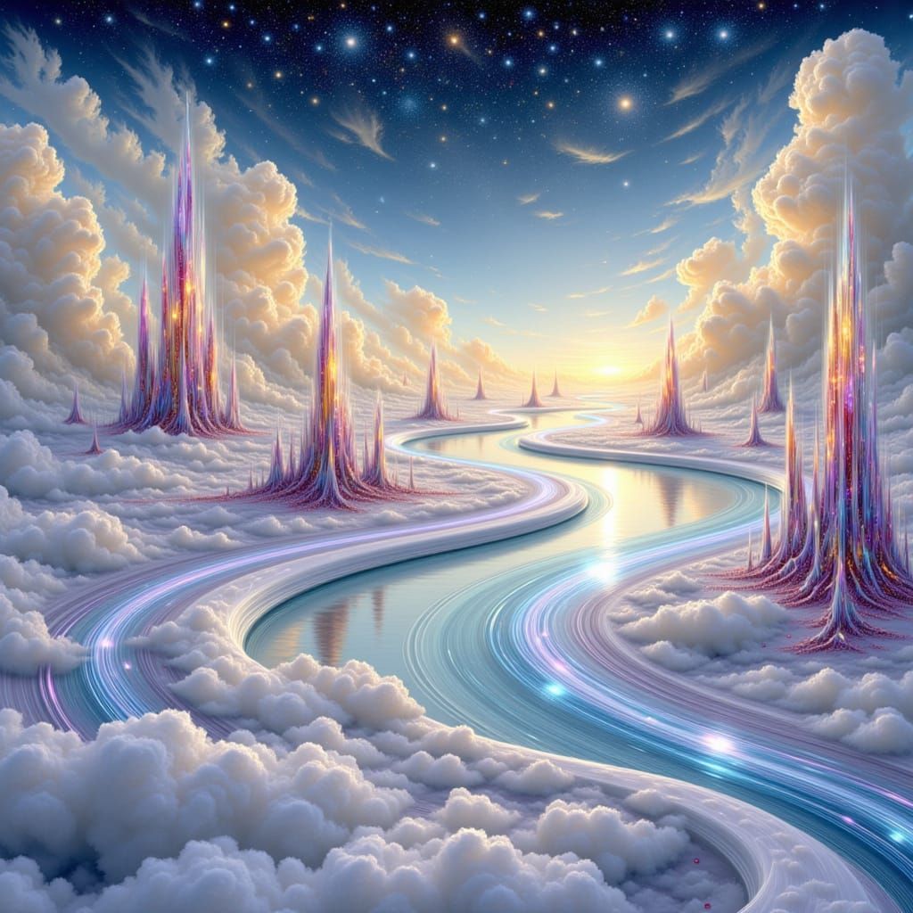 Celestial Highway in Cloud Ocean, Watercolor Oil Hybrid Styl...