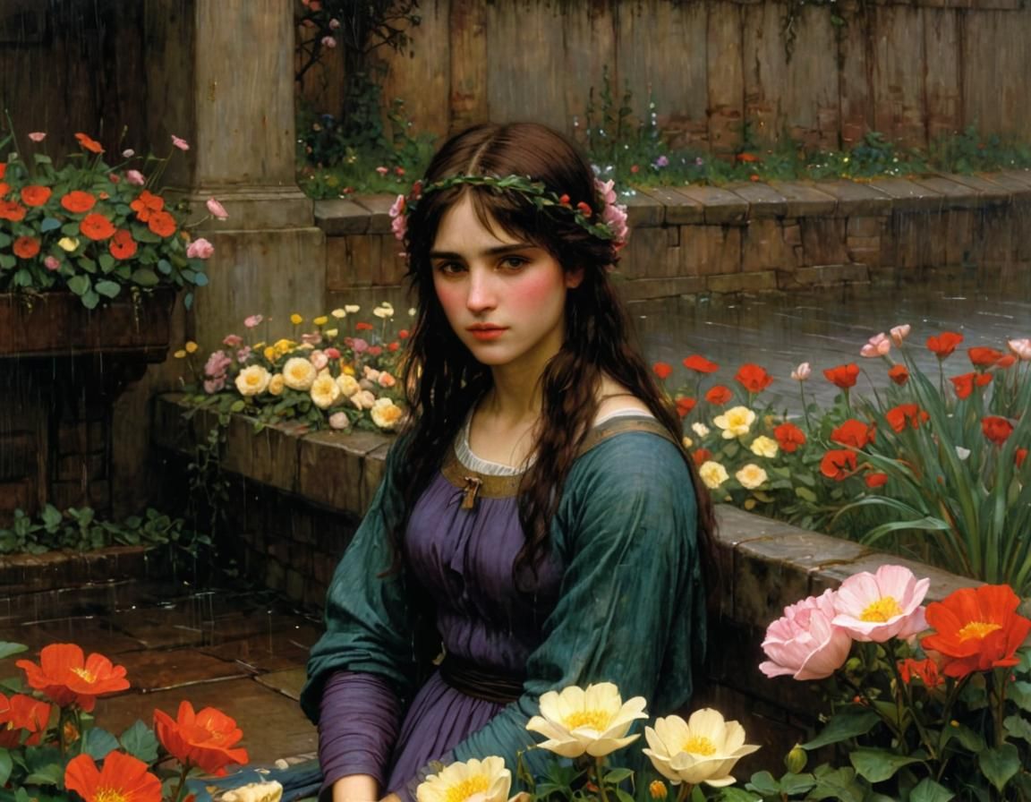 Flowers in Rain, Pre-Raphaelite Style