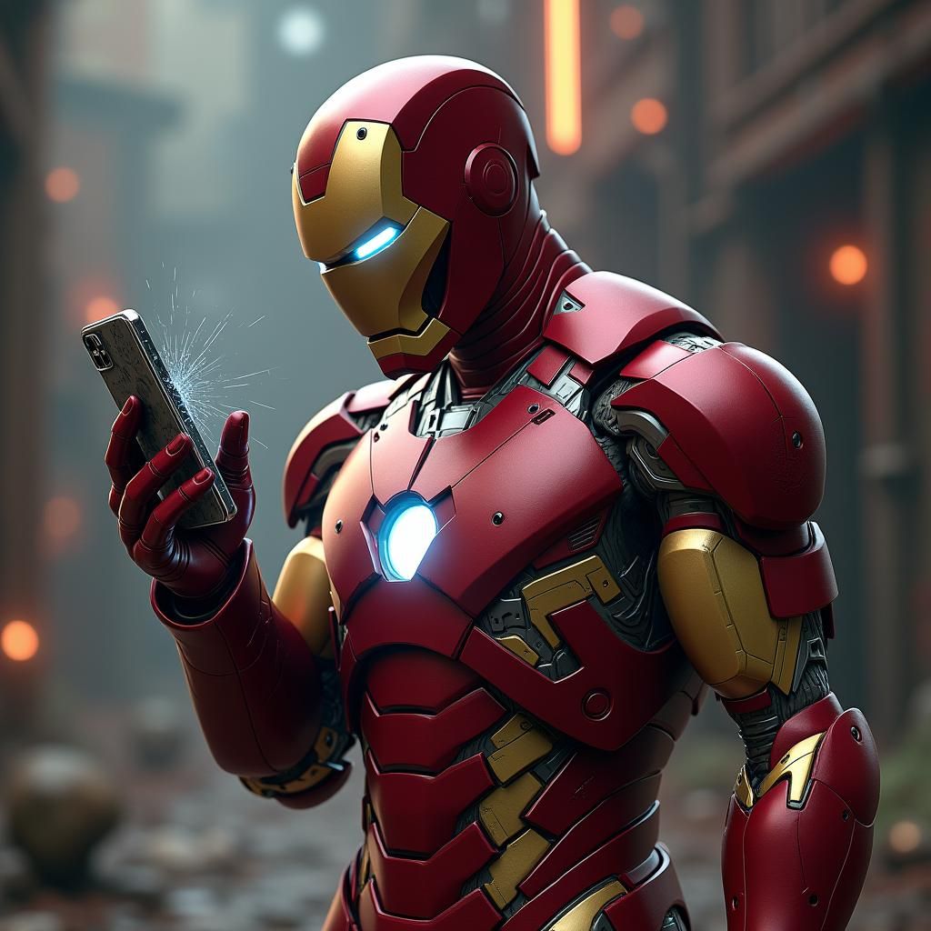 Iron Man with Cracked Phone, Fantasy Concept Art