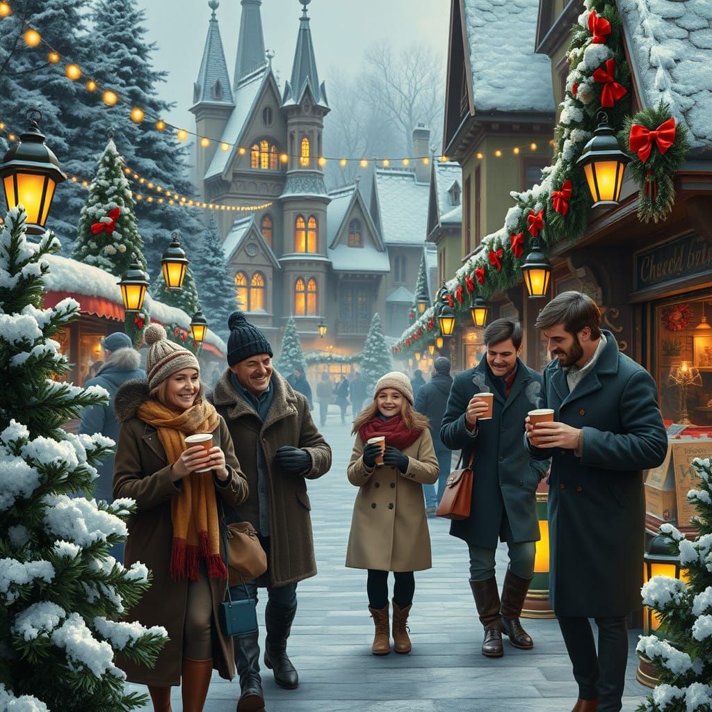 Victorian Christmas Family in Whimsical Holiday Market