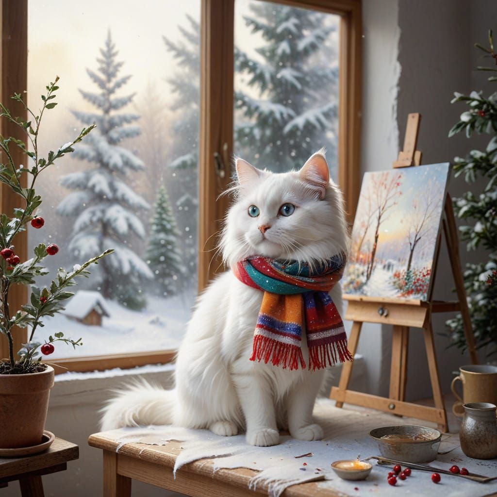 Whimsical Feline Artist Captures Winter Wonderland