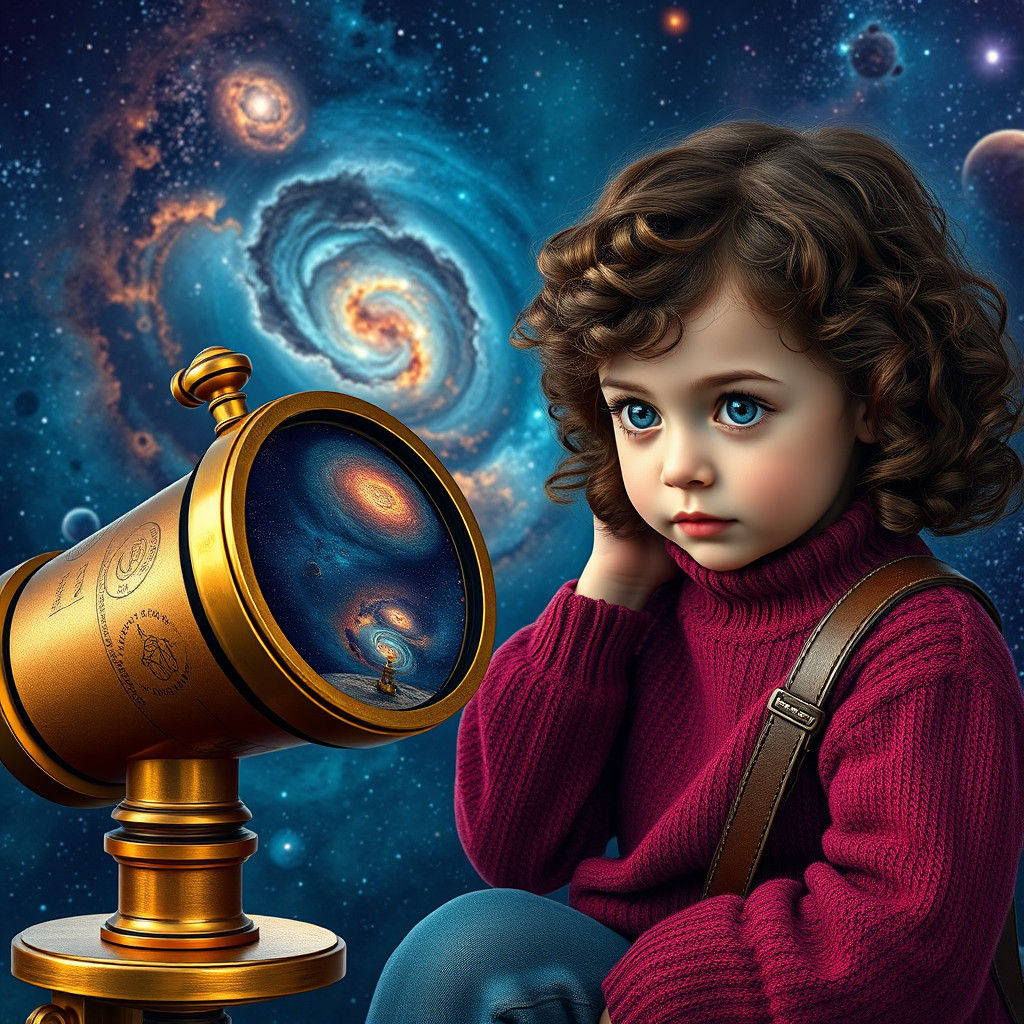 Girl, Telescope, and Galaxy Reflection: Detailed Matte Paint...