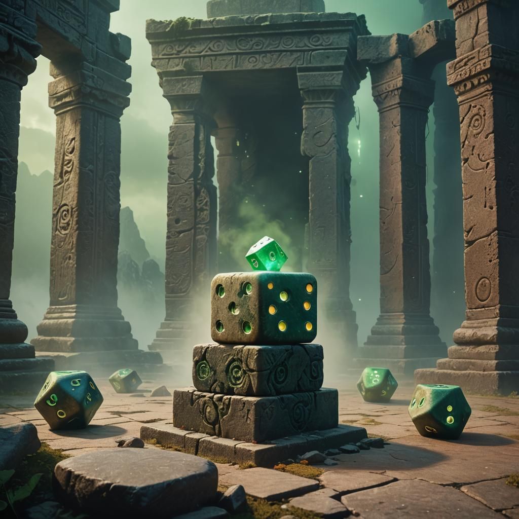 Mystical Dice on Stone Pedestal in Fantasy Art
