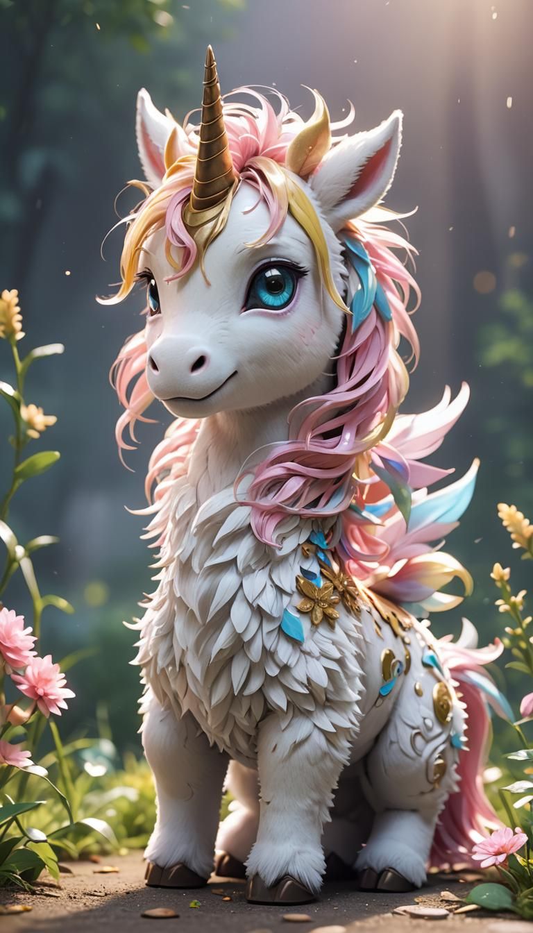 Tiny cute adorable baby unicorn, intricate furry details, soft cinematic lighting, 8k, portrait, Pixar style character, ...