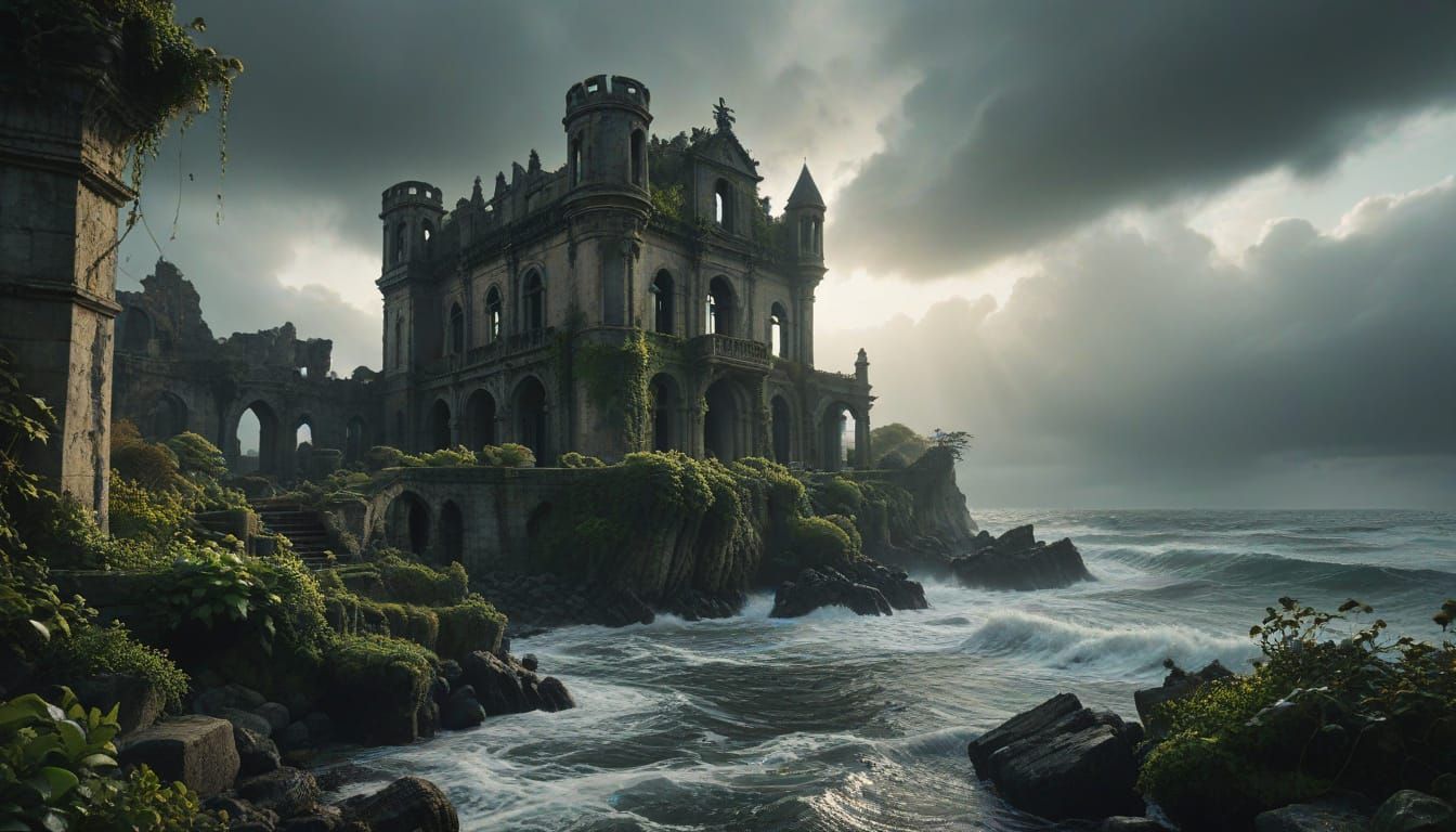 Cinematic Gothic Ruins on the Edge of a Stormy Sea