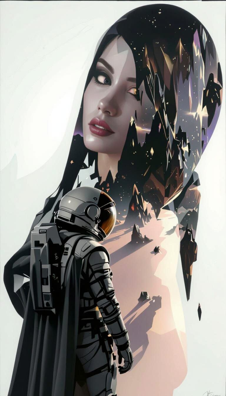 Astronaut on Crimson Planet at Binary Sunset