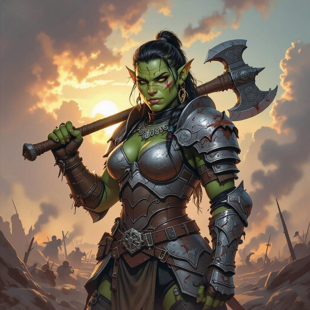 Female Orc Warrior on Battlefield in Fantasy Art Style