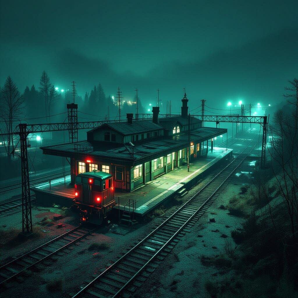 Eerie Abandoned Train Station at Night: Drone Shot