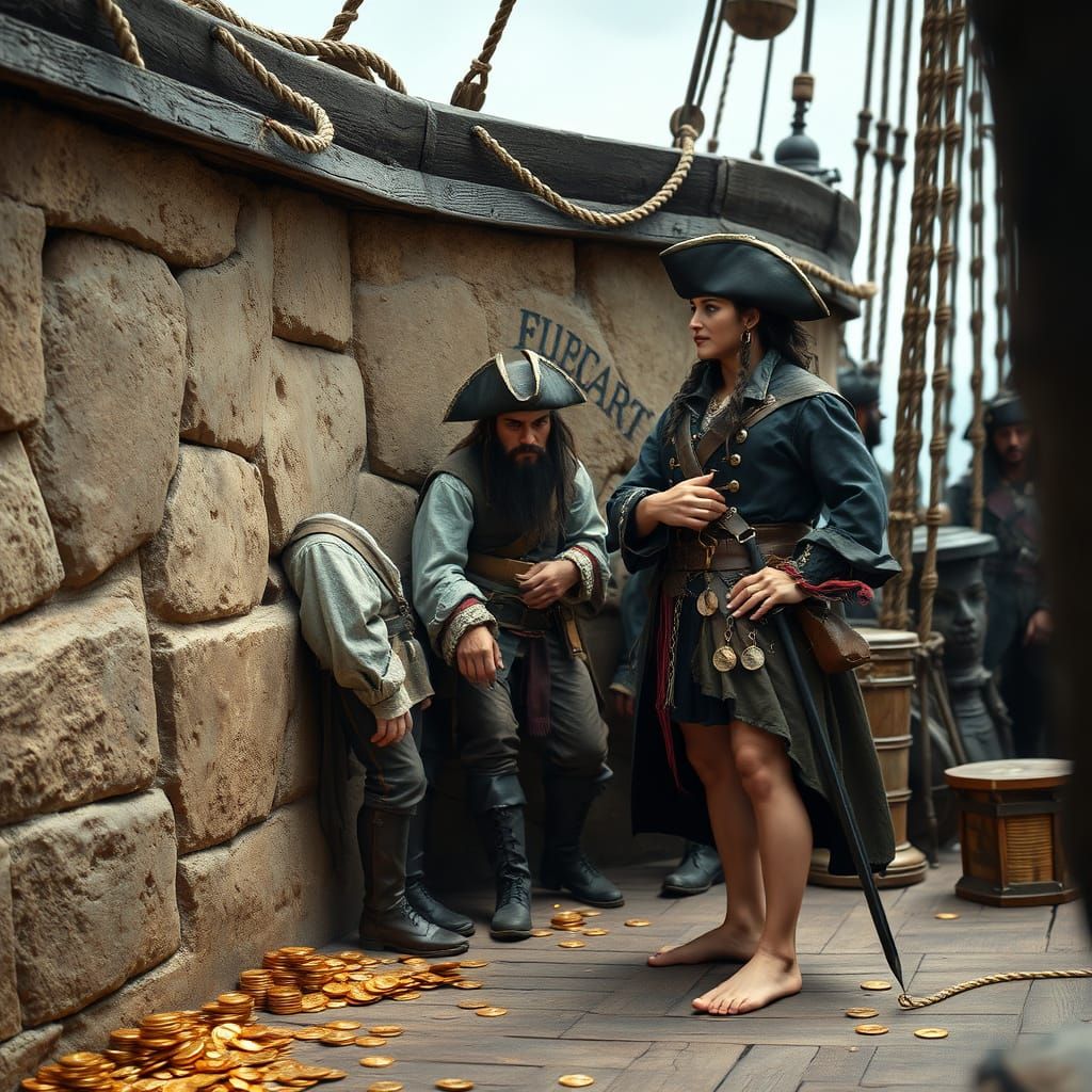 Pirate Captain Surveys Captives After Battle Victory
