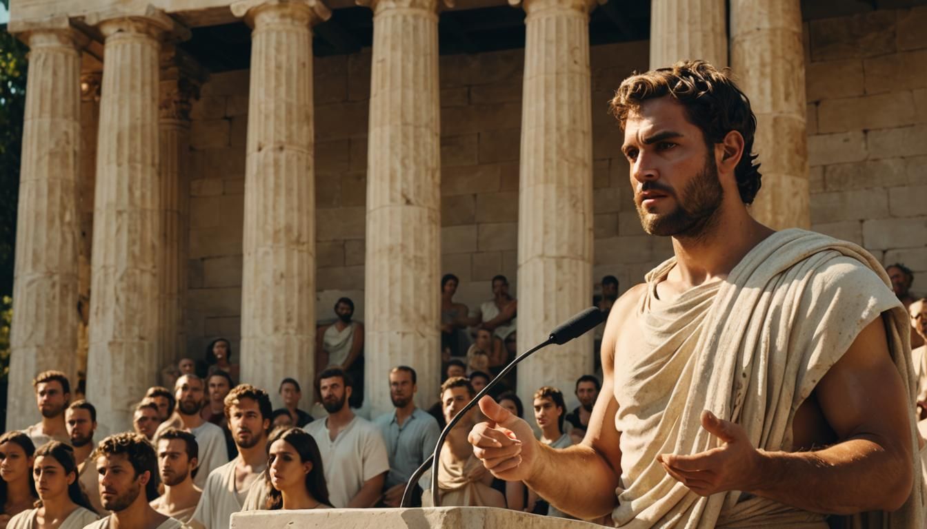 Greek Man Addresses Athenian Assembly in Agora