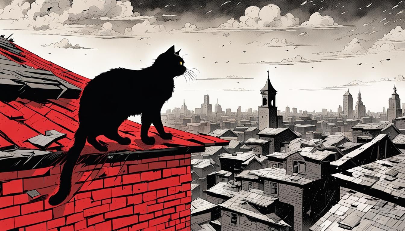 Menacing Black Cat on Shattered Rooftop in Graphic Novel Sty...