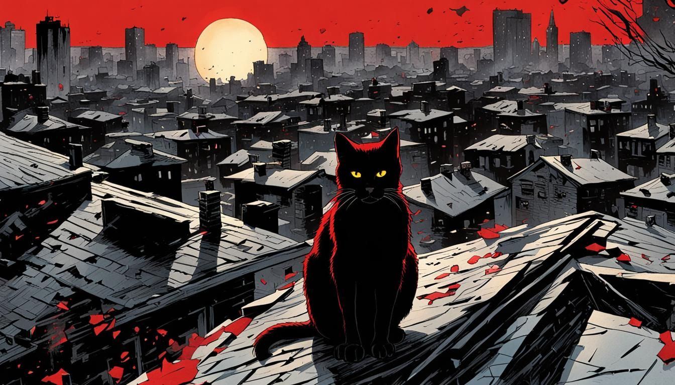 Menacing Black Cat on Shattered Rooftop: Comic Book Style