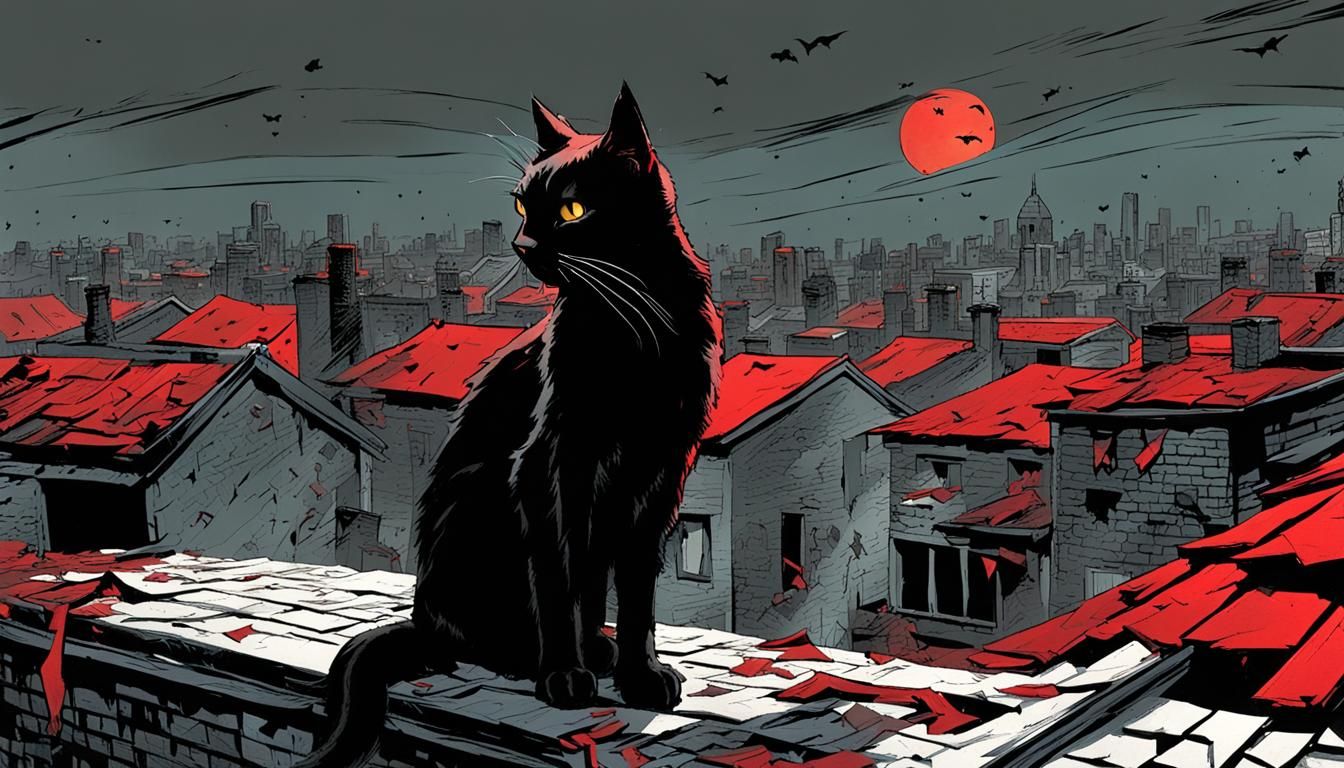 Menacing Black Cat on Shattered Rooftop in Comic Book Style