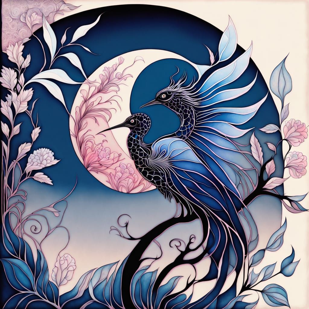 Japanese Ink Dragons and Birds Under Moon