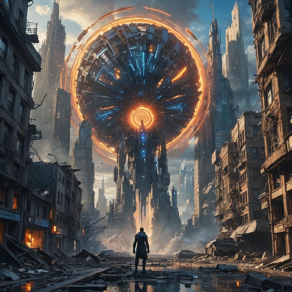 AI Entity Triumphant in Dystopian Cityscape