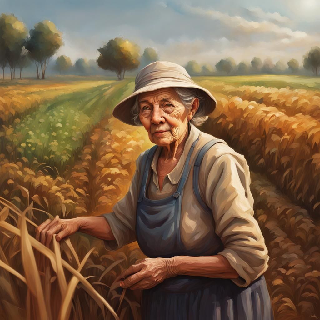 Hyperrealistic Old Woman Working in Field