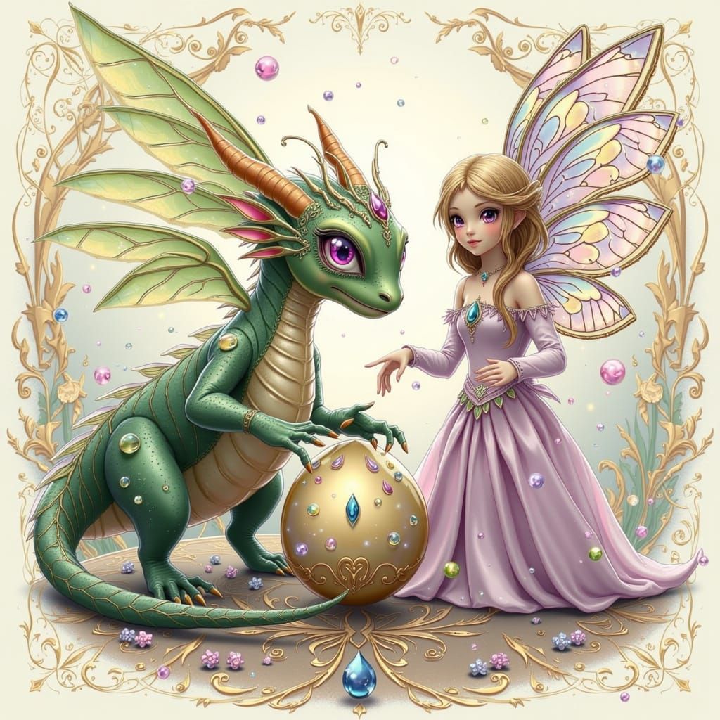 Hatching Dragon with Butterfly Fairy in Watercolor