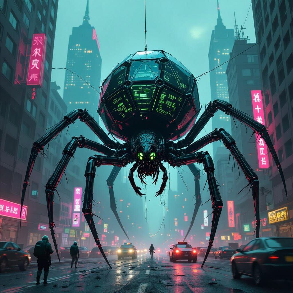 Biomechanical Black Widow Weaving Web Between Skyscrapers