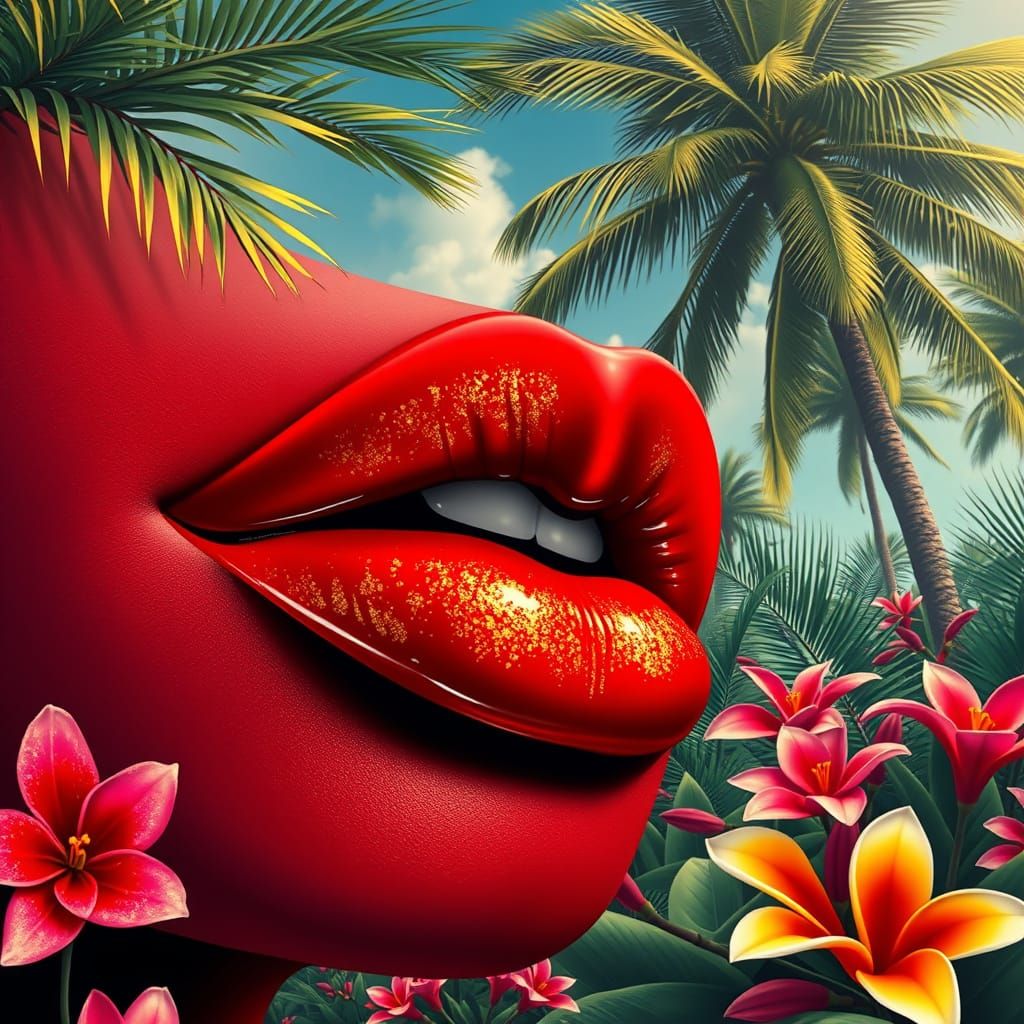 Vibrant Red-Gold Lips Amidst Tropical Paradise