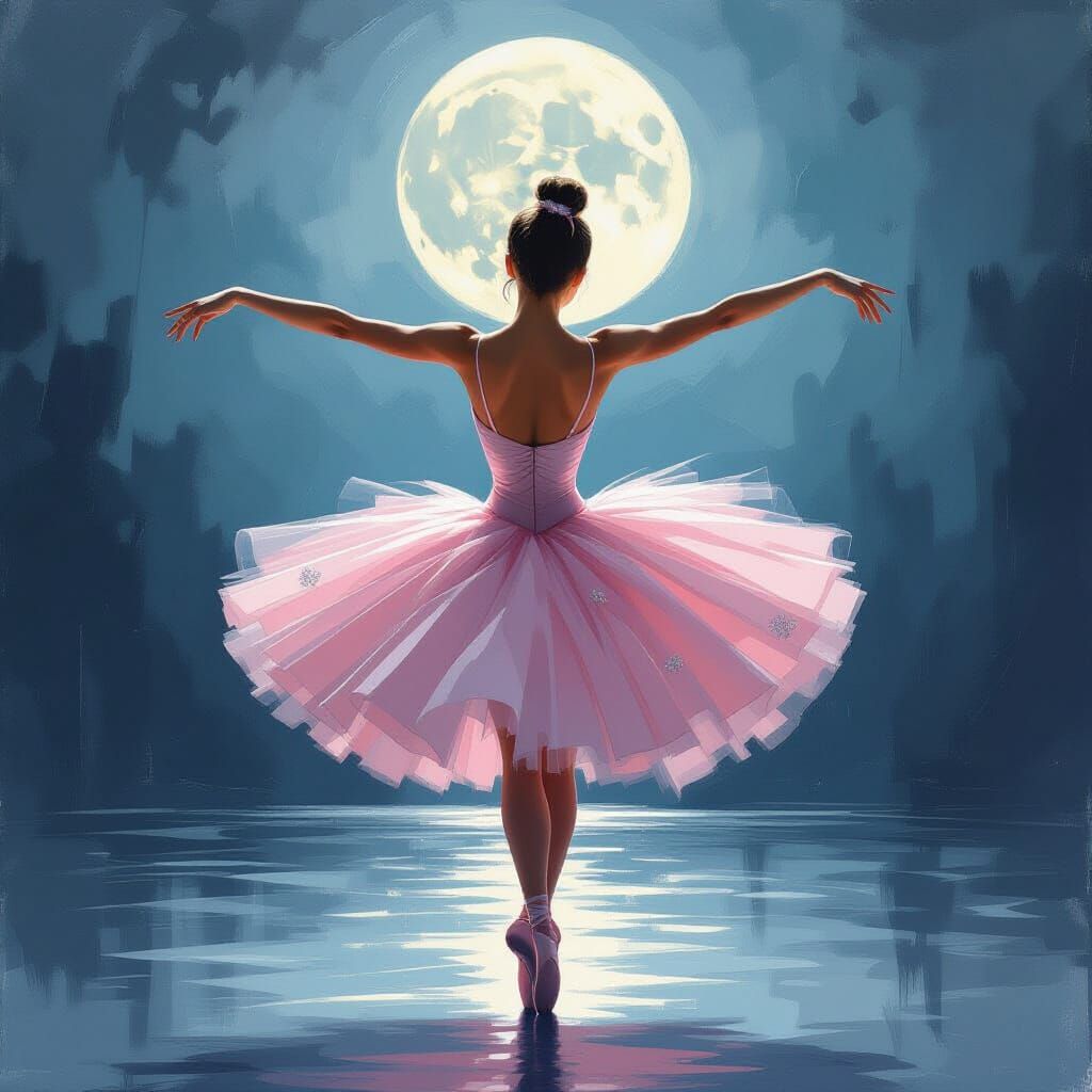 Ballerina Dancing Under the Moon in Oil Painting Style