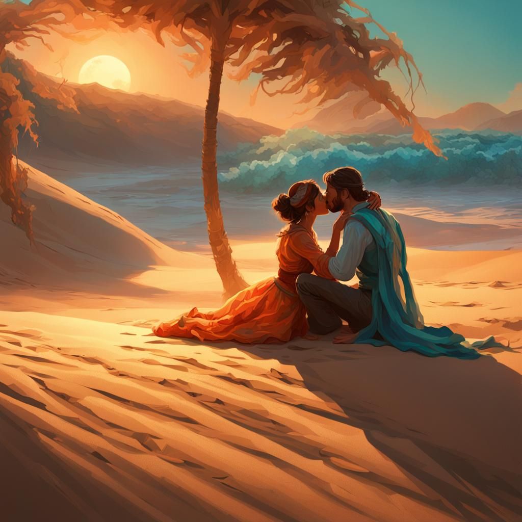Romantic Beach Kiss in Oil Painting Style