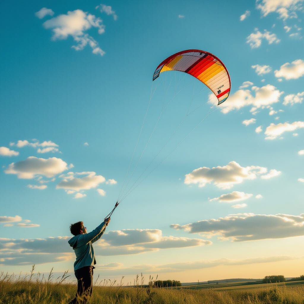 Person Flying Kite in Blue Sky, Cinematic Style