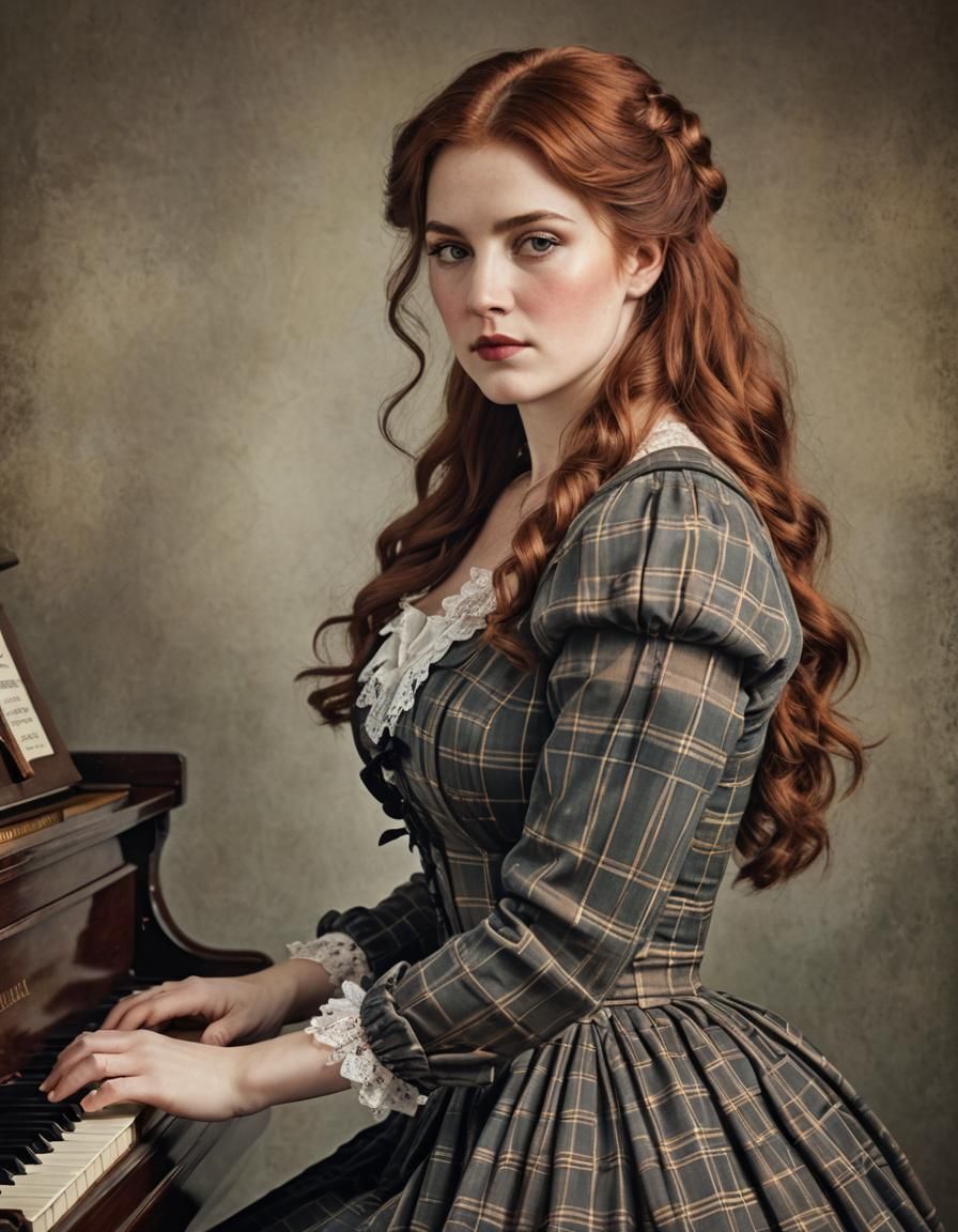 Victorian Woman with Auburn Hair Playing Piano