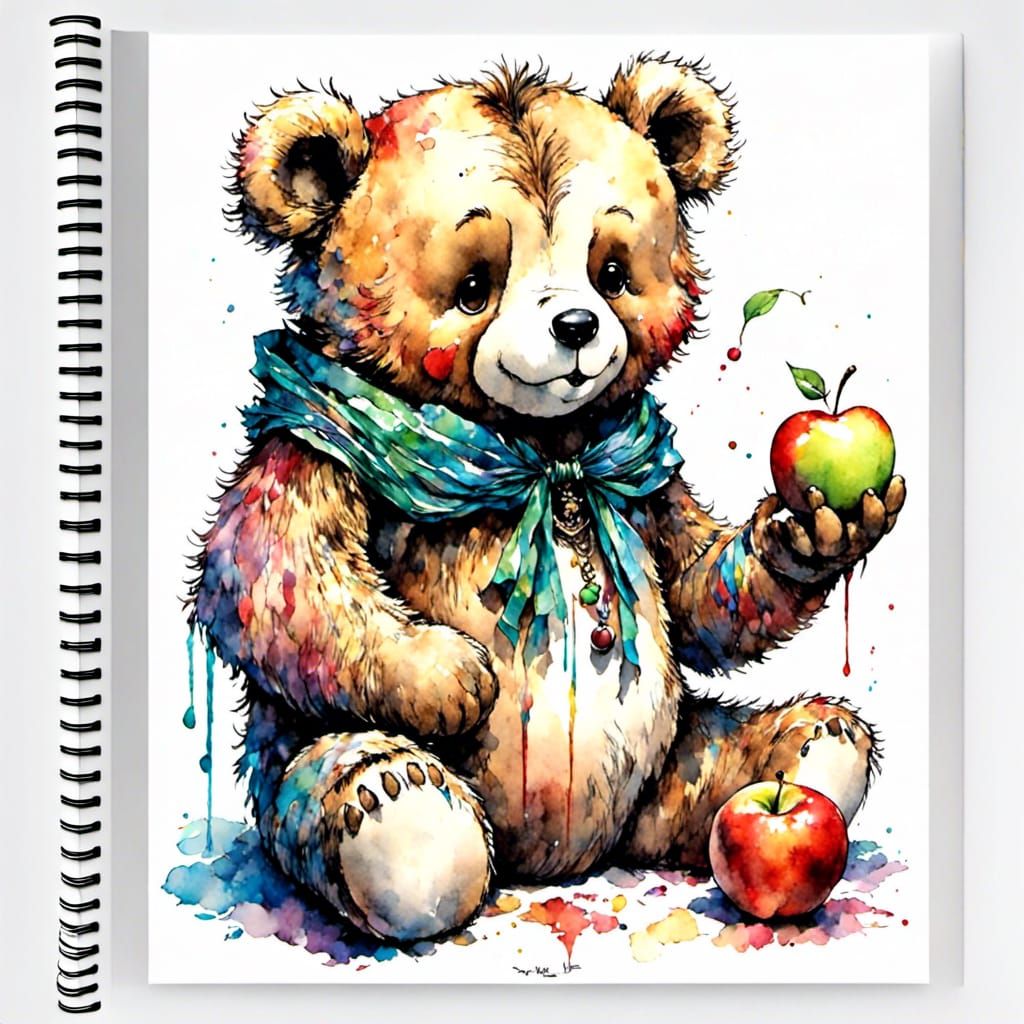 Cute Teddy Bear Enjoys Apple, Soft Animal Art