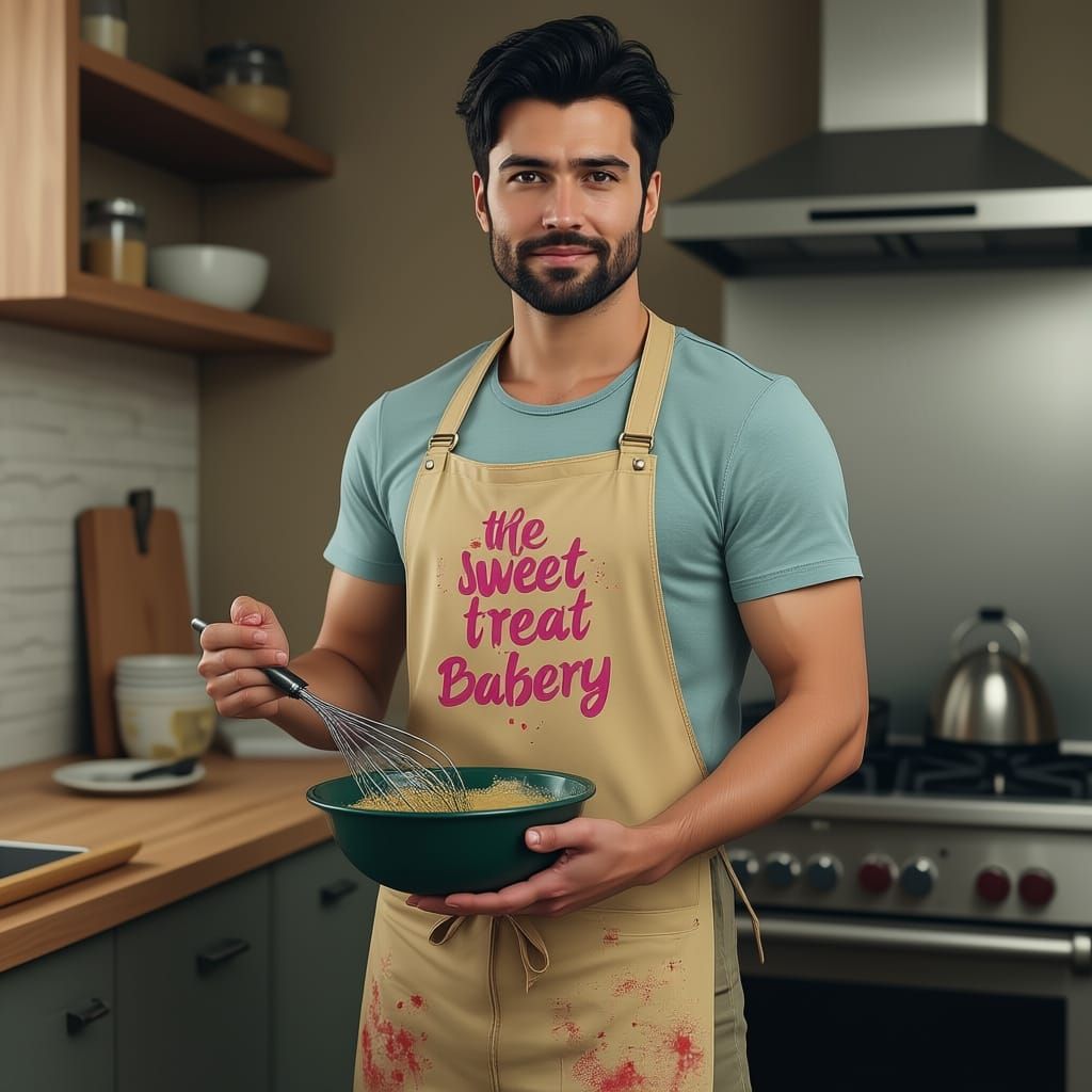 Man Baking in Kitchen with Batter-Splattered Apron