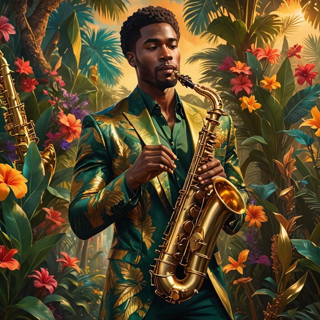 Golden Saxophone Player in Colorful Fantasy Landscape