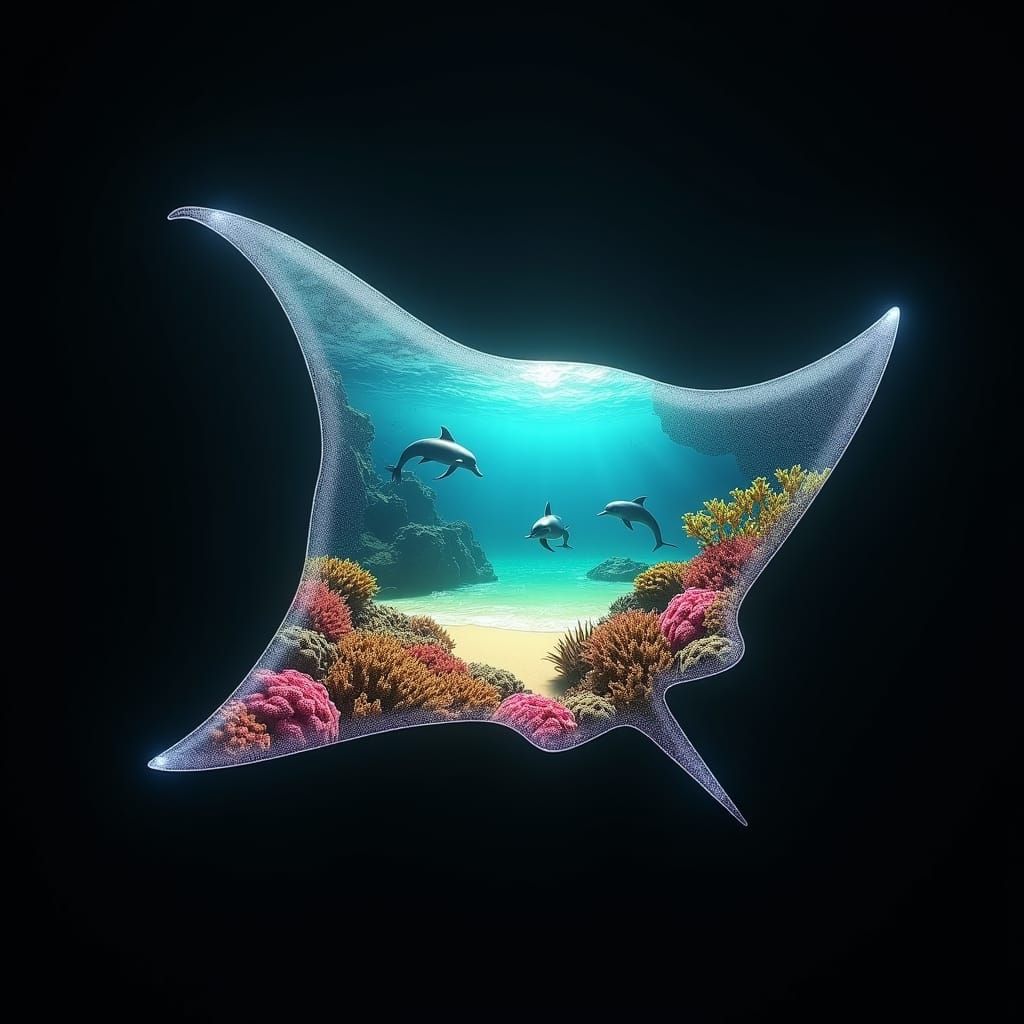 Create a digital double exposure image showing the silhouette of a swimming ray in soft, clear Caribbean Sea. The silhou...