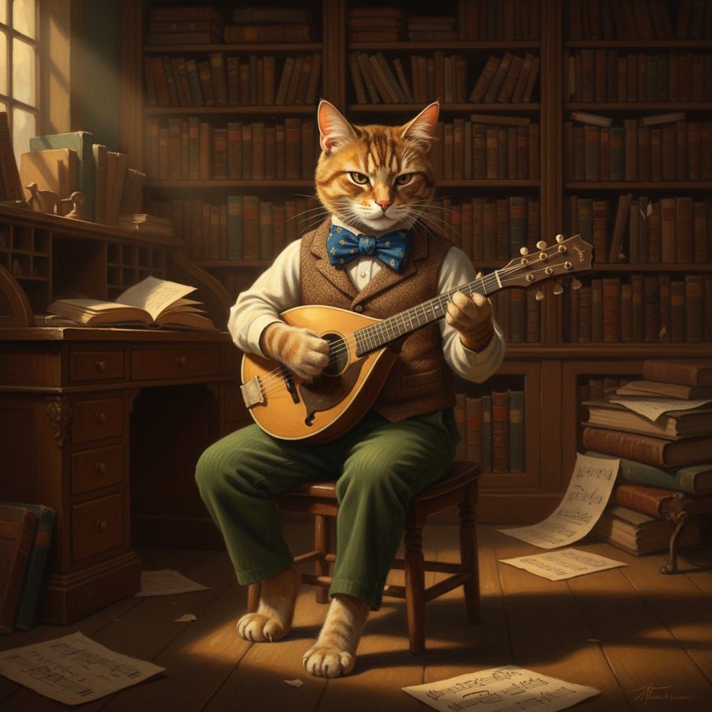 Dapper Tabby Cat Plays Mandolin in Cozy Study