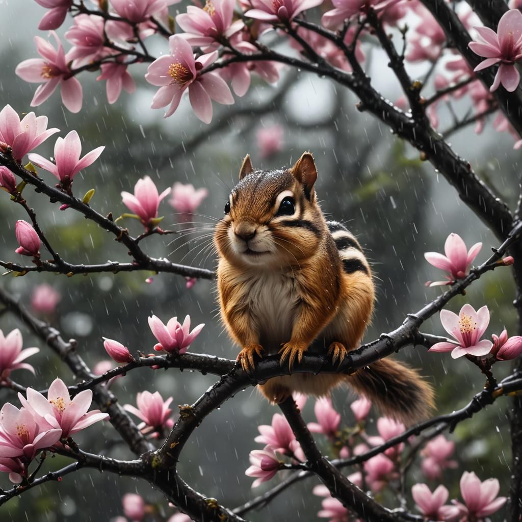 Chipmunk in Rain on Magnolia Tree: Fantasycore Art